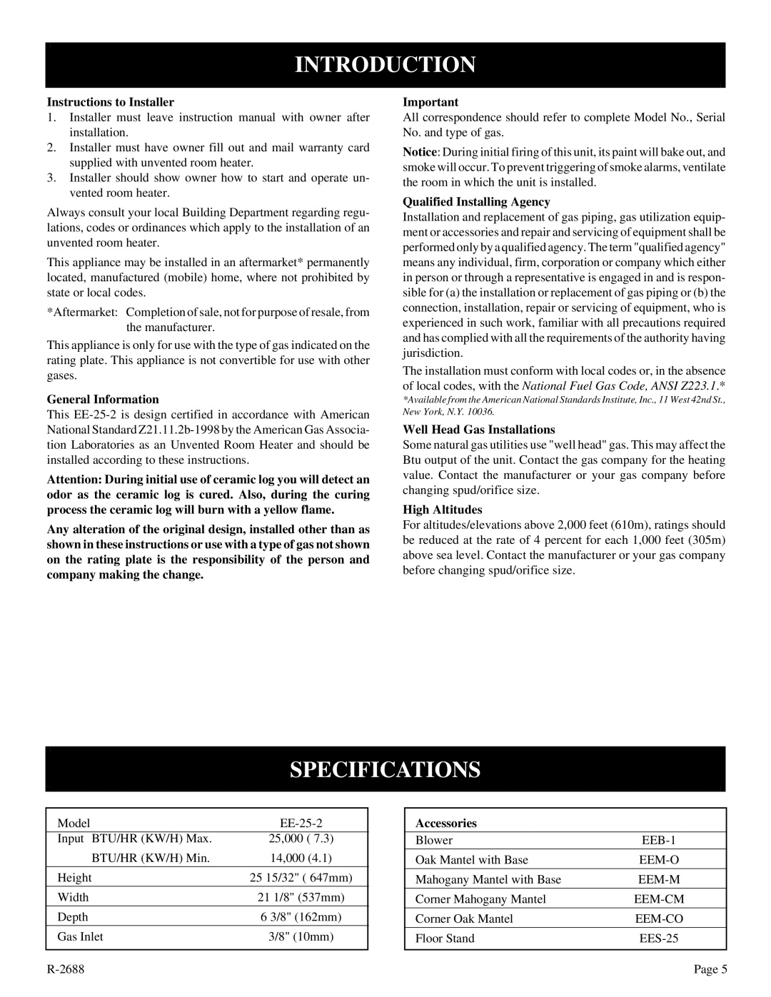 Empire Products EE-25-2 installation instructions Introduction, Specifications 