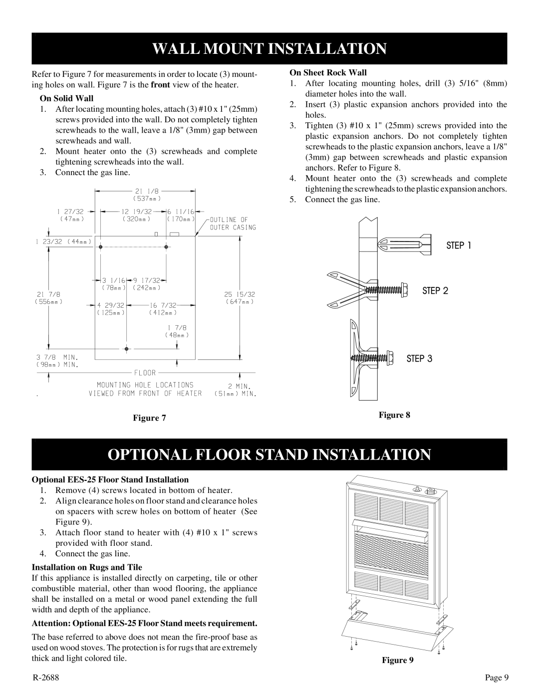 Empire Products EE-25-2 installation instructions Wall Mount Installation, Optional Floor Stand Installation 