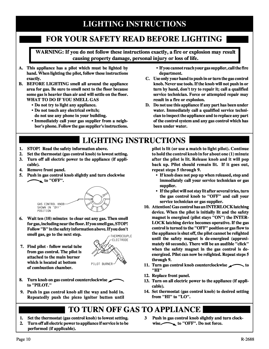 Empire Products EE-25-2 Lighting Instructions, For Your Safety Read Before Lighting, To Turn Off Gas To Appliance 