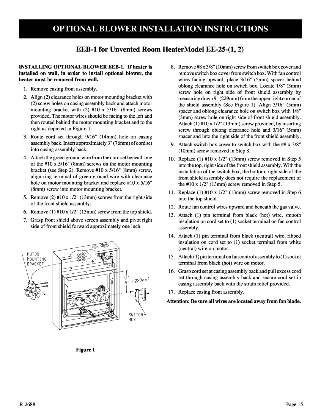 Empire Products EE-25-2 Optional Blower Installation Instructions, EEB-1for Unvented Room HeaterModel EE-25-1,2 