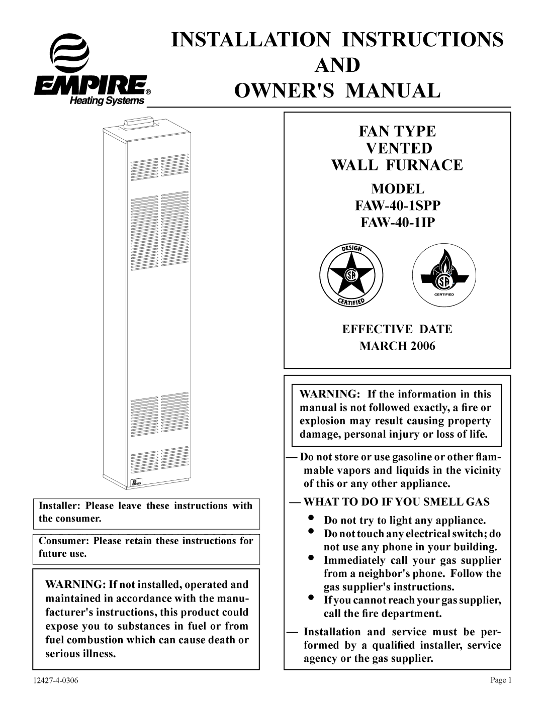 Empire Products FAW-40-1SPP, FAW-40-1IP installation instructions Installation Instructions 