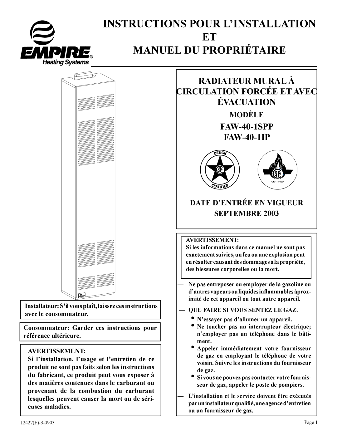 Empire Products FAW-40-1SPP, FAW-40-1IP installation instructions Instructions Pour L’INSTALLATION Manuel DU Propriétaire 