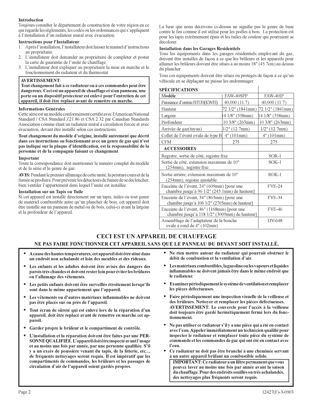 Empire Products FAW-40-1IP Instructions pour lInstallateur, Informations Générales, Installation sur un Tapis ou Tuile 