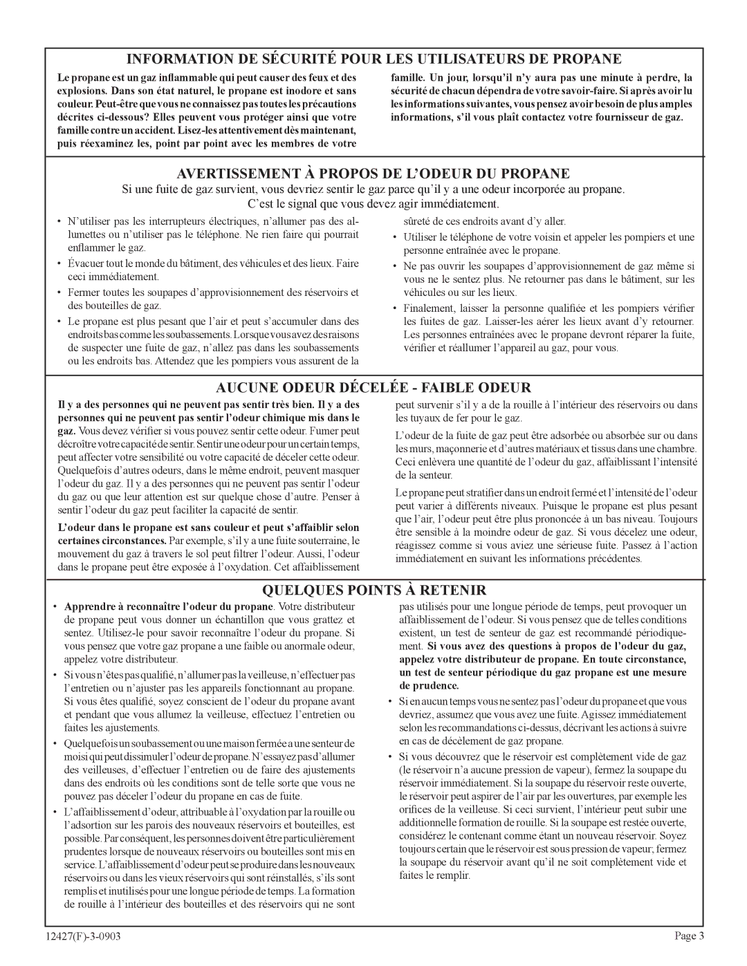 Empire Products FAW-40-1SPP, FAW-40-1IP installation instructions Information DE Sécurité Pour LES Utilisateurs DE Propane 