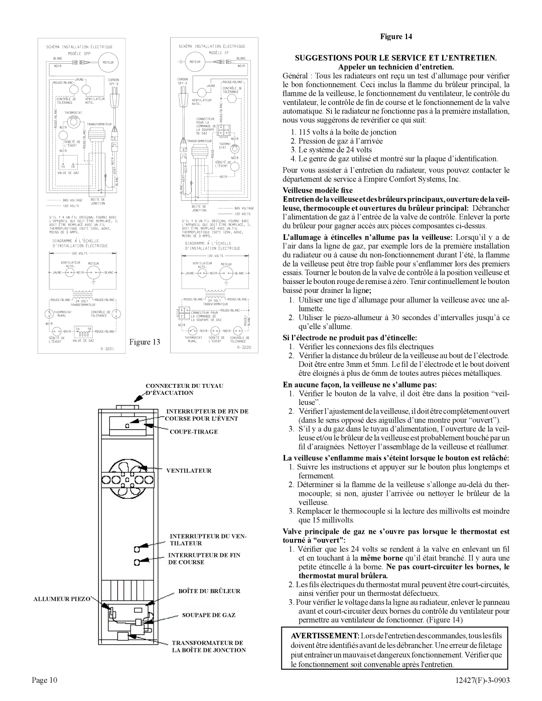 Empire Products FAW-40-1IP, FAW-40-1SPP installation instructions Appeler un technicien d’entretien, Veilleuse modèle ﬁxe 