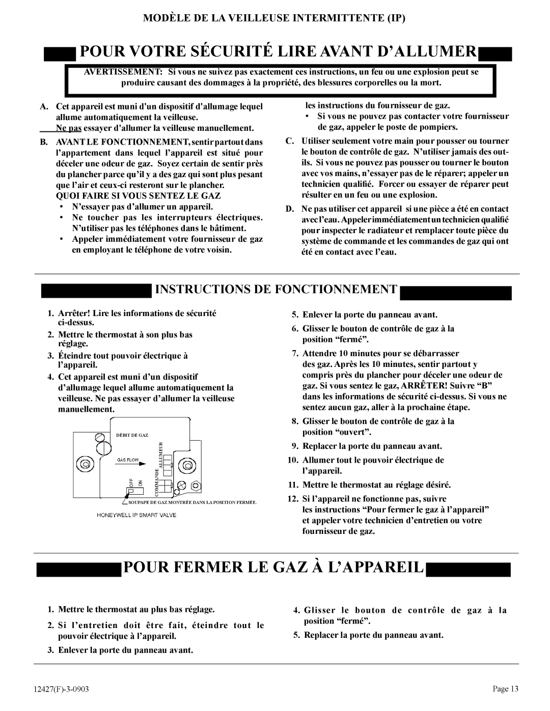 Empire Products FAW-40-1SPP, FAW-40-1IP installation instructions Instructions DE Fonctionnement 