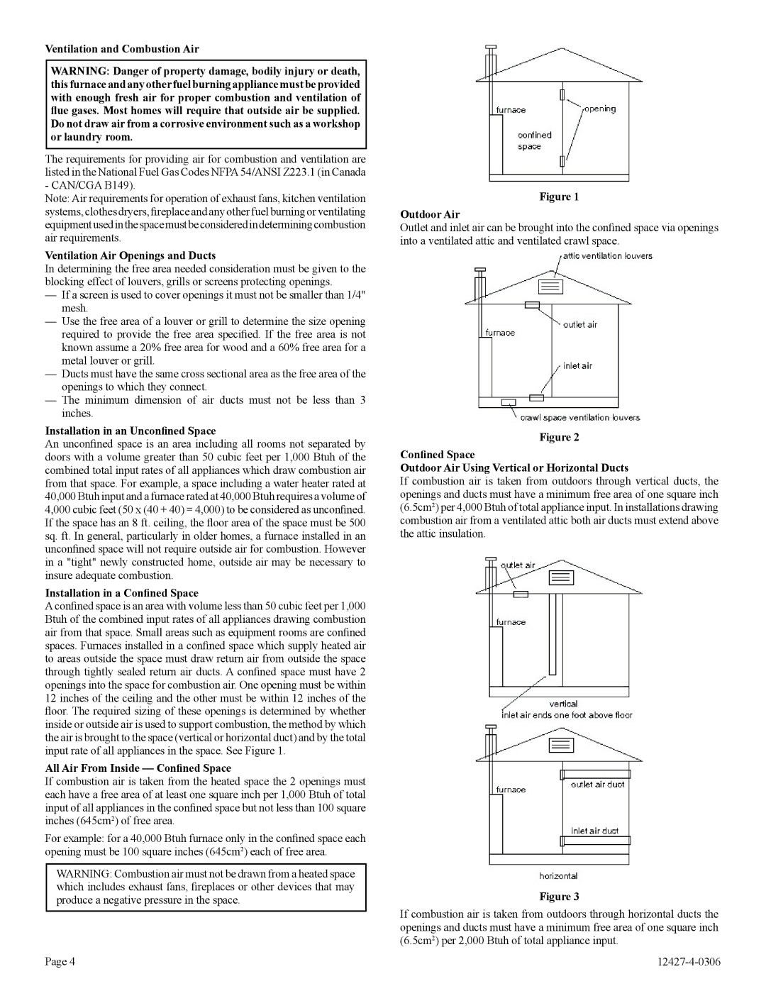 Empire Products FAW-40-1IP, FAW-40-1SPP Ventilation and Combustion Air, Ventilation Air Openings and Ducts, Outdoor Air 