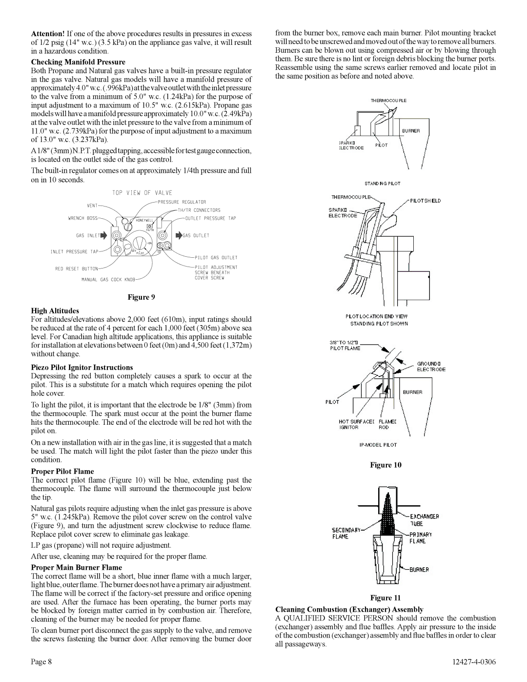 Empire Products FAW-40-1IP, FAW-40-1SPP Checking Manifold Pressure, High Altitudes, Piezo Pilot Ignitor Instructions 