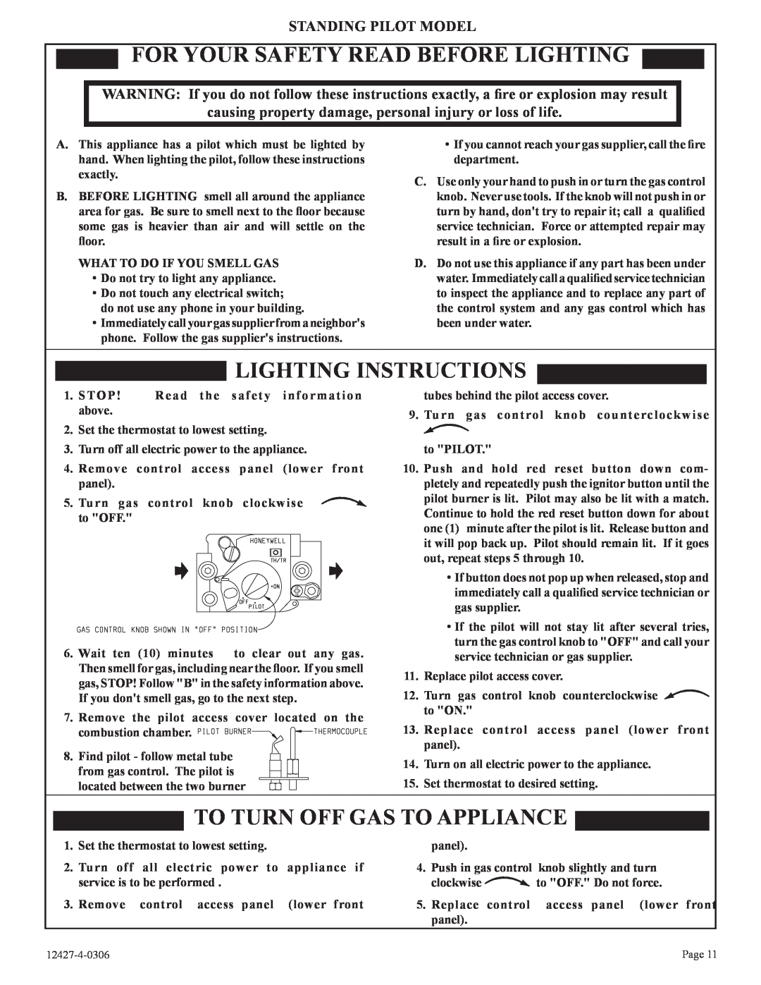 Empire Products FAW-40-1SPP For Your Safety Read Before Lighting, Lighting Instructions, To Turn Off Gas To Appliance 