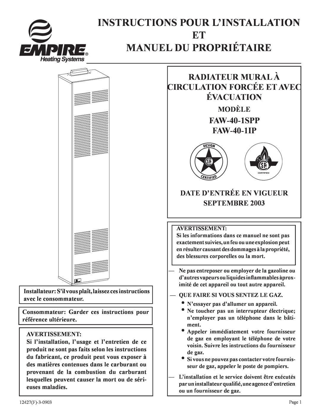 Empire Products FAW-40-1SPP, FAW-40-1IP Instructions Pour L’Installation Et, Manuel Du Propriétaire, Évacuation, Modèle 