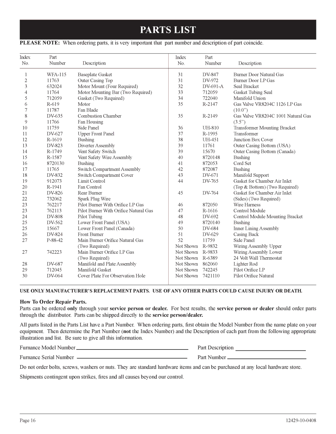 Empire Products FAW-55IP installation instructions Parts List, How To Order Repair Parts 