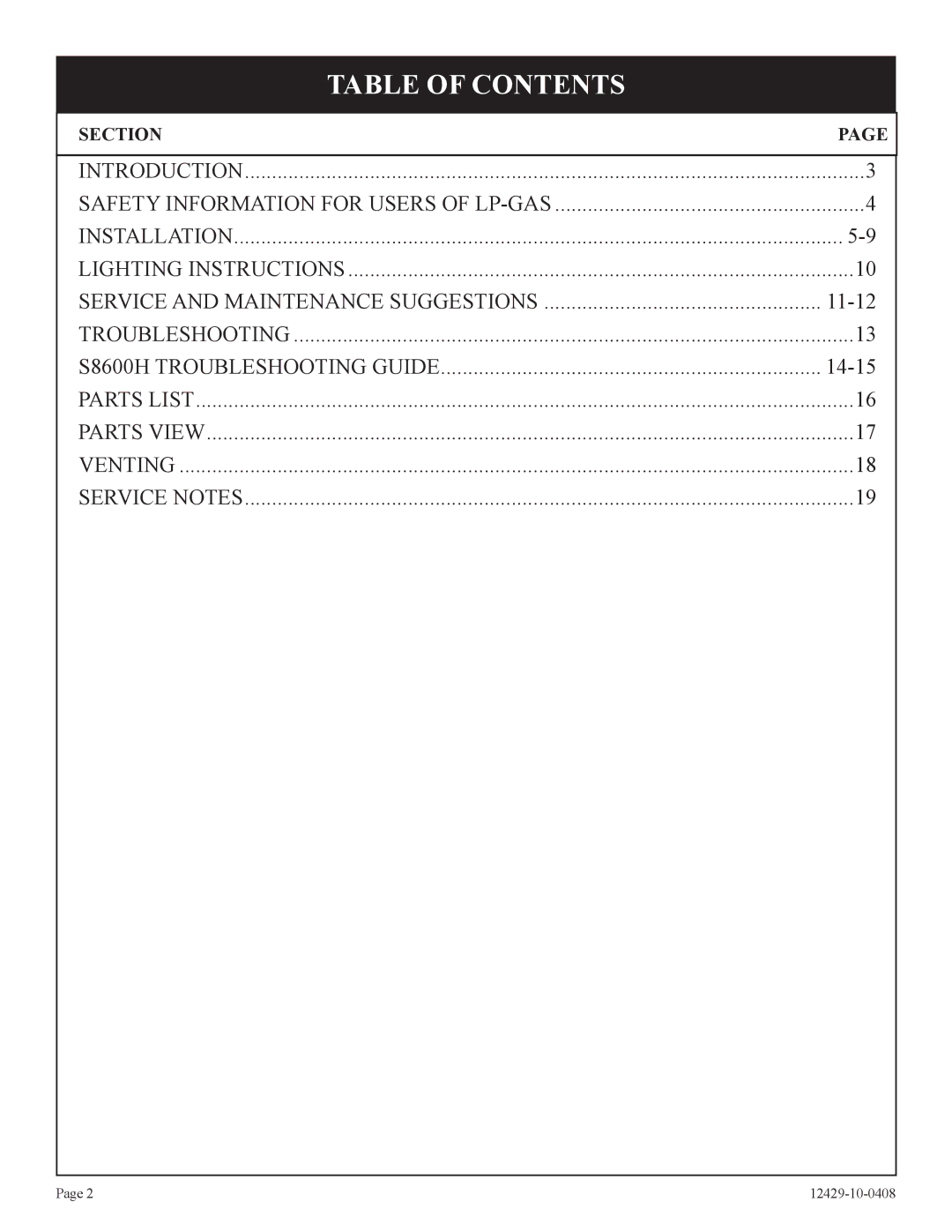 Empire Products FAW-55IP installation instructions Table of Contents 