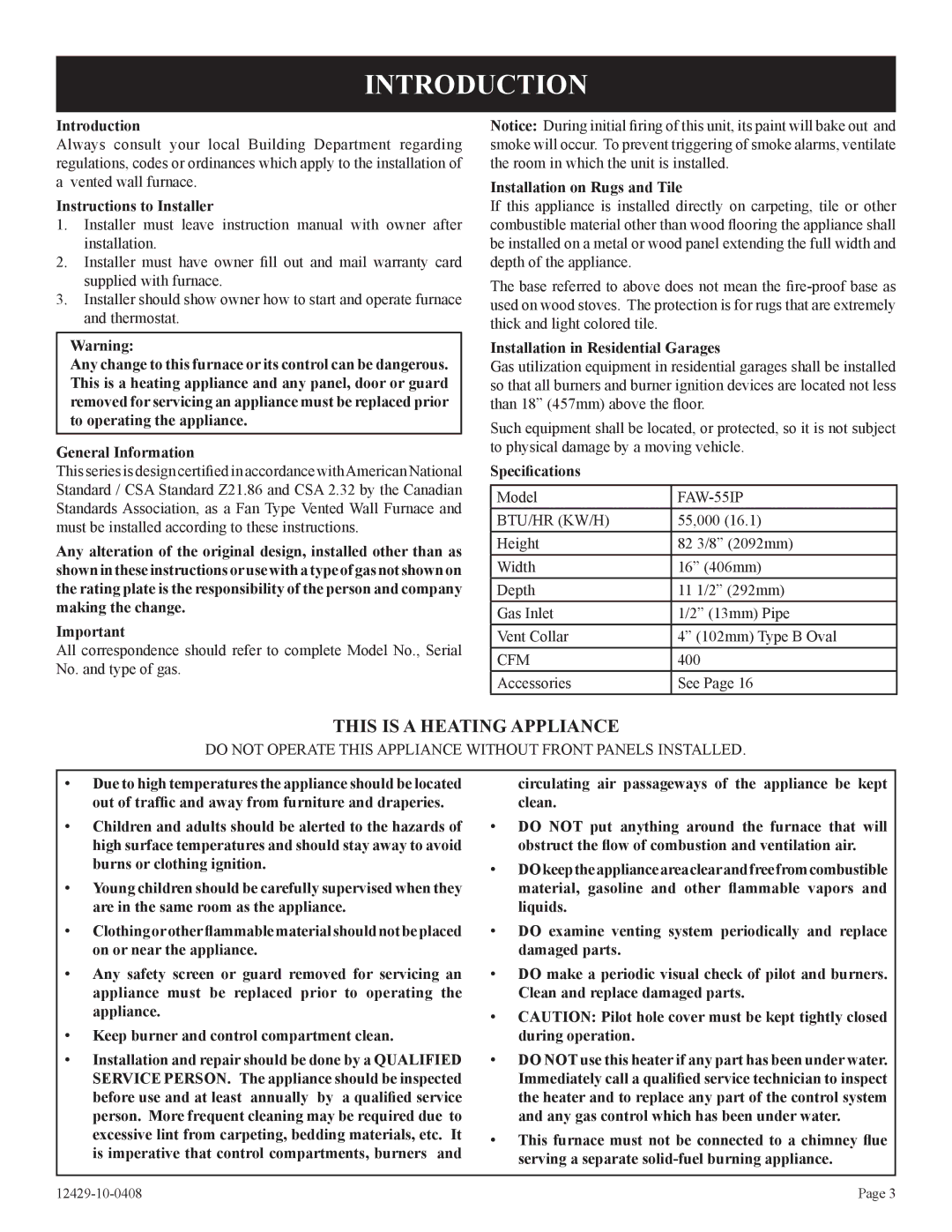 Empire Products FAW-55IP installation instructions Introduction 