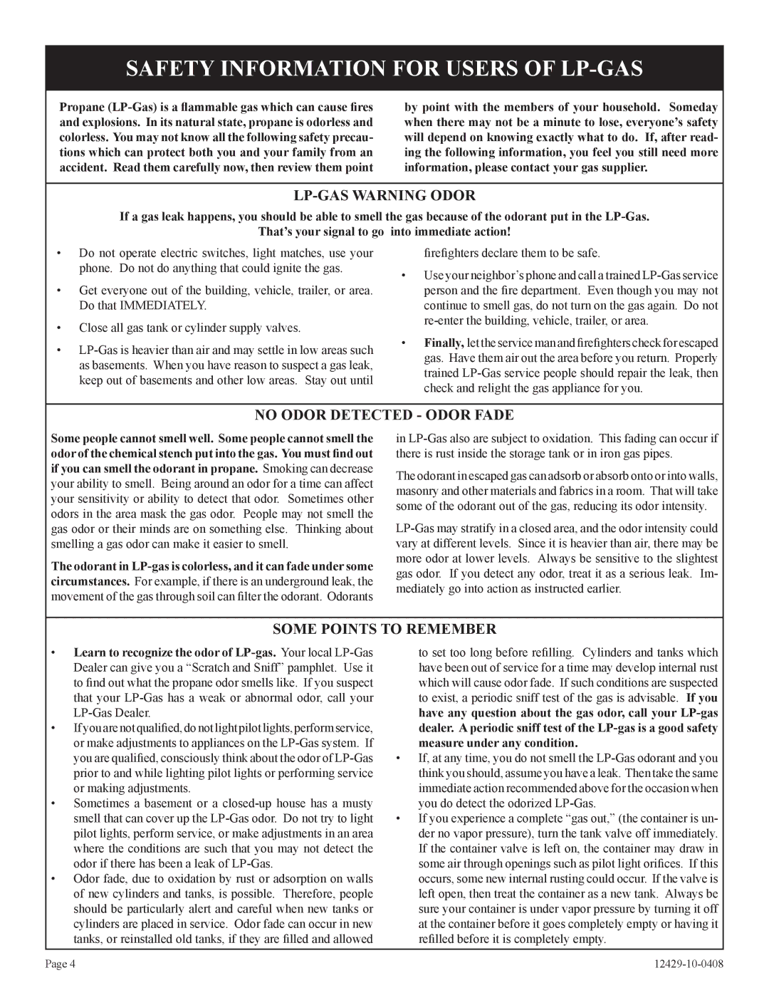 Empire Products FAW-55IP installation instructions Safety Information for Users of LP-GAS, LP-GAS Warning Odor 