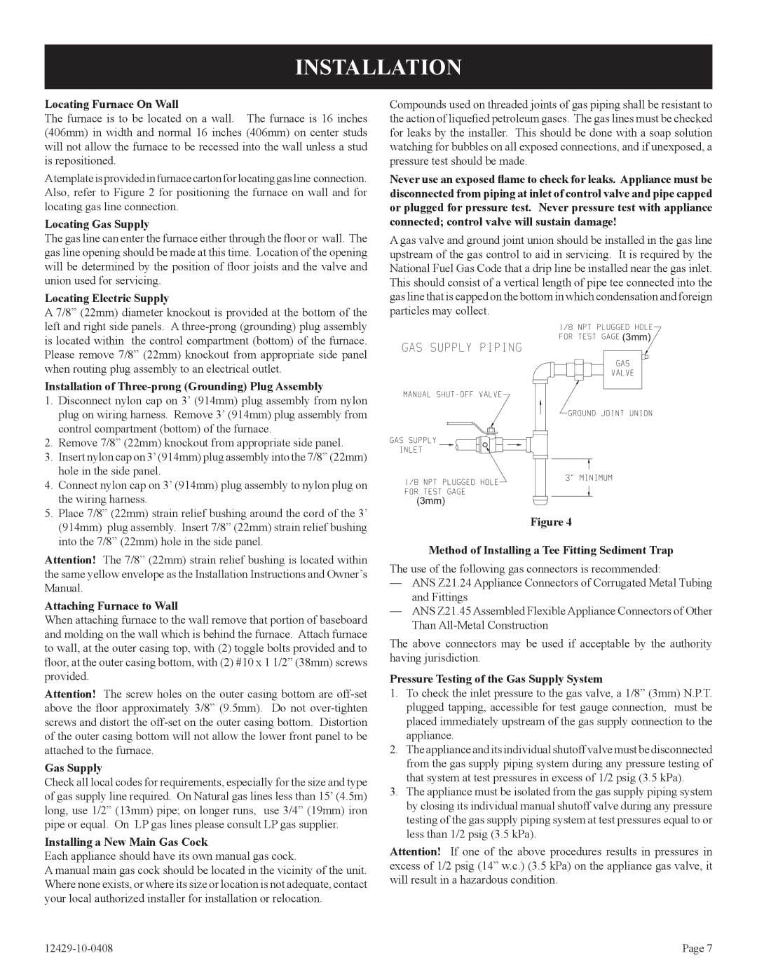 Empire Products FAW-55IP installation instructions Locating Furnace On Wall, Locating Gas Supply, Locating Electric Supply 