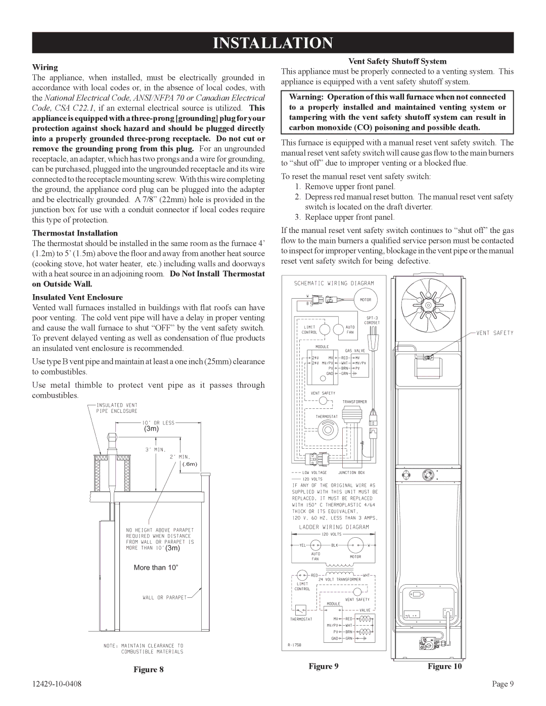 Empire Products FAW-55IP Wiring, Thermostat Installation, Insulated Vent Enclosure, Vent Safety Shutoff System 