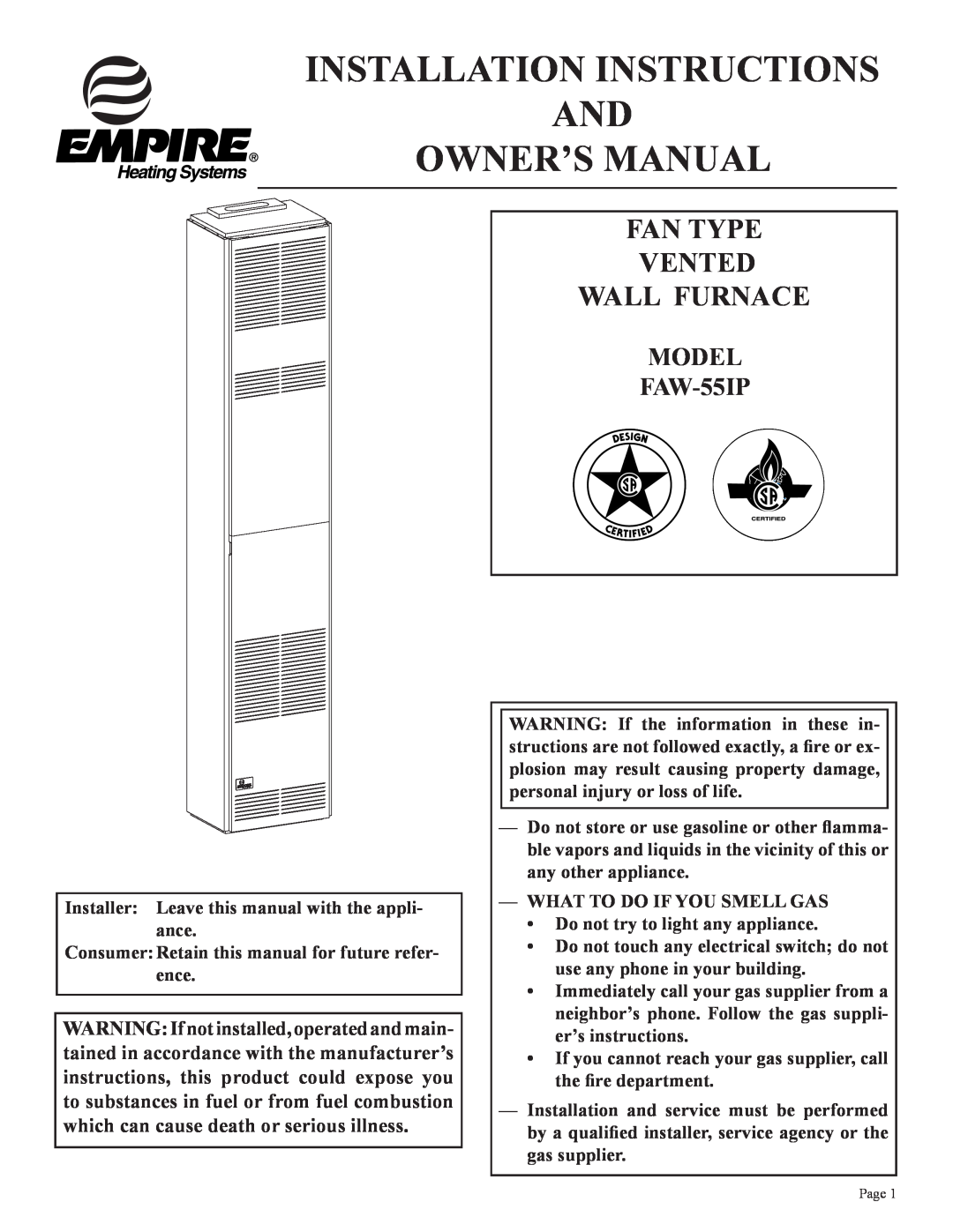 Empire Products installation instructions Fan Type Vented Wall Furnace, MODEL FAW-55IP 