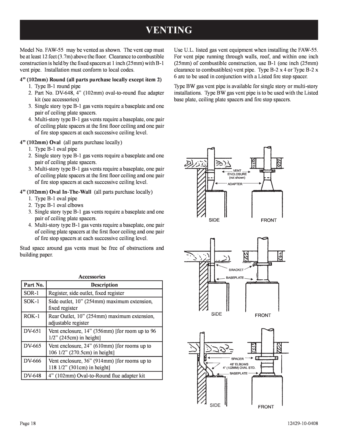 Empire Products FAW-55IP installation instructions Venting, Accessories, Description 