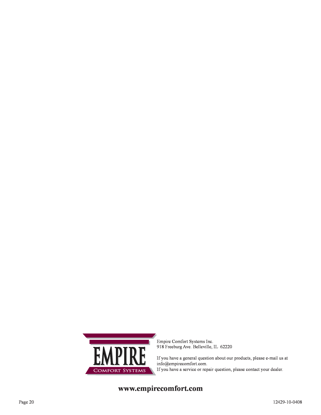 Empire Products FAW-55IP Empire Comfort Systems Inc, EMPIRE 918 Freeburg Ave. Belleville, IL, Page, 12429-10-0408 