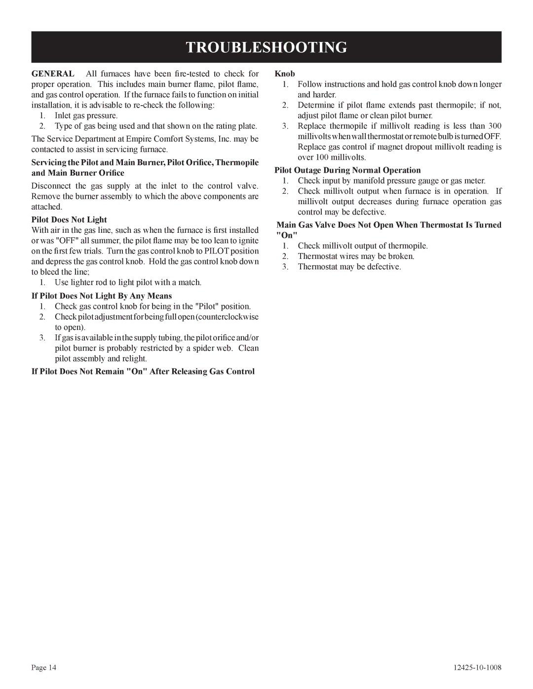 Empire Products GWT-25-2(SG, GWT-35-2(SG installation instructions Troubleshooting, If Pilot Does Not Light By Any Means 