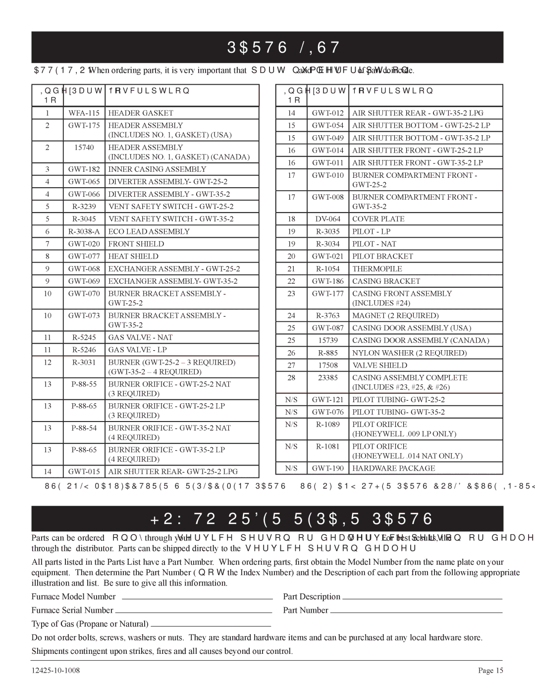 Empire Products GWT-35-2(SG, GWT-25-2(SG installation instructions Parts List, HOW to Order Repair Parts, Index Description 