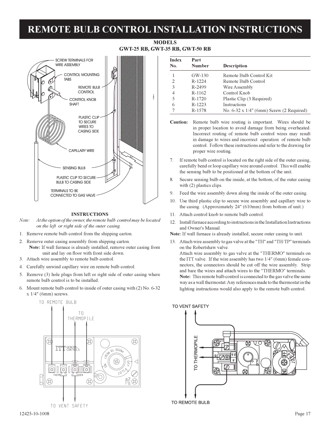 Empire Products GWT-35-2(SG Remote Bulb Control Installation Instructions, Models, GWT-25 RB, GWT-35 RB, GWT-50 RB 