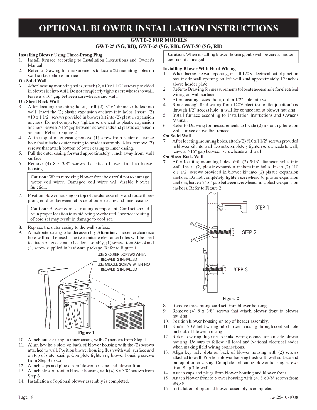 Empire Products GWT-25-2(SG, GWT-35-2(SG Optional Blower Installation Instructions, GWTB-2 for Models 