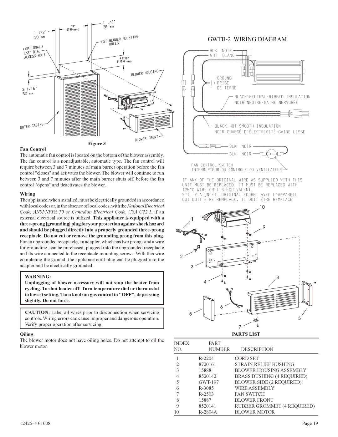 Empire Products GWT-35-2(SG, GWT-25-2(SG installation instructions Fan Control, Wiring, Parts List 