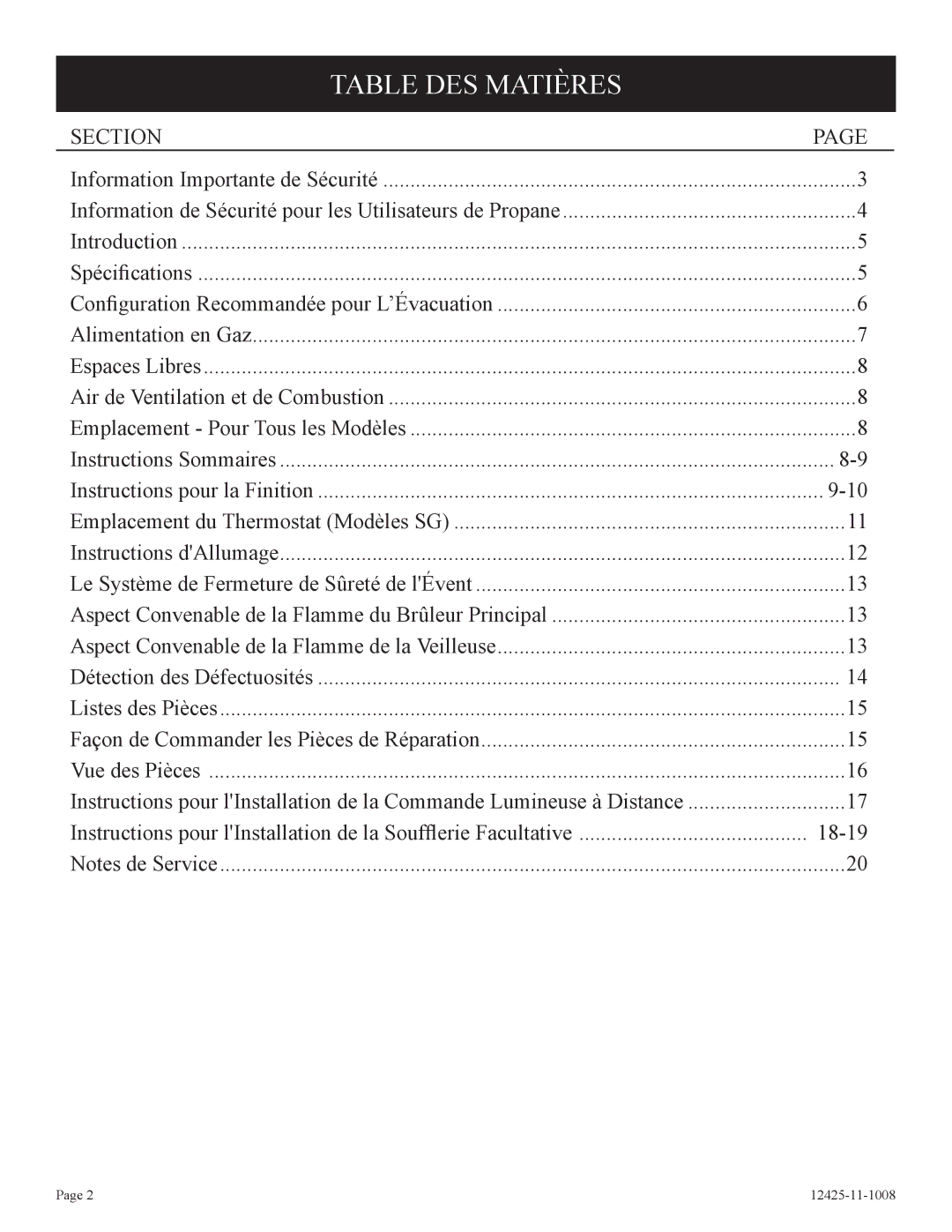 Empire Products GWT-25-2(SG, GWT-35-2(SG installation instructions Table DES Matières, Section 