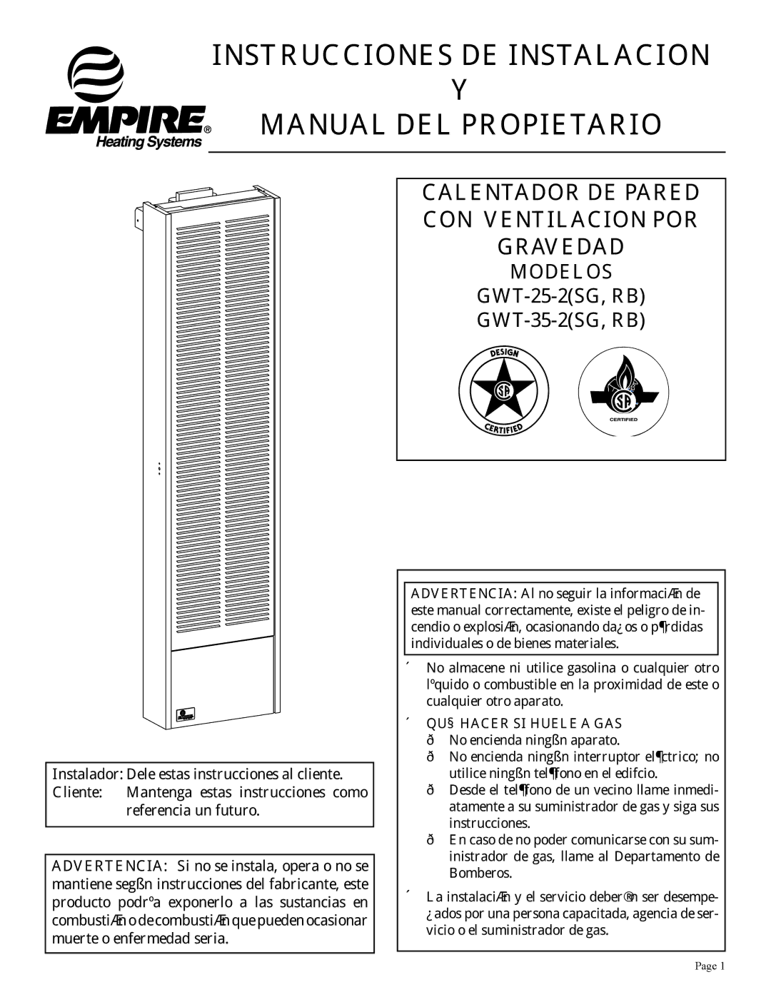 Empire Products GWT-35-2(SG, GWT-25-2(SG installation instructions Instrucciones DE Instalacion Manual DEL Propietario 