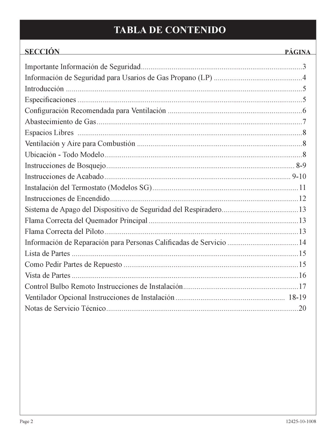 Empire Products GWT-25-2(SG, GWT-35-2(SG installation instructions Tabla DE Contenido, Sección 