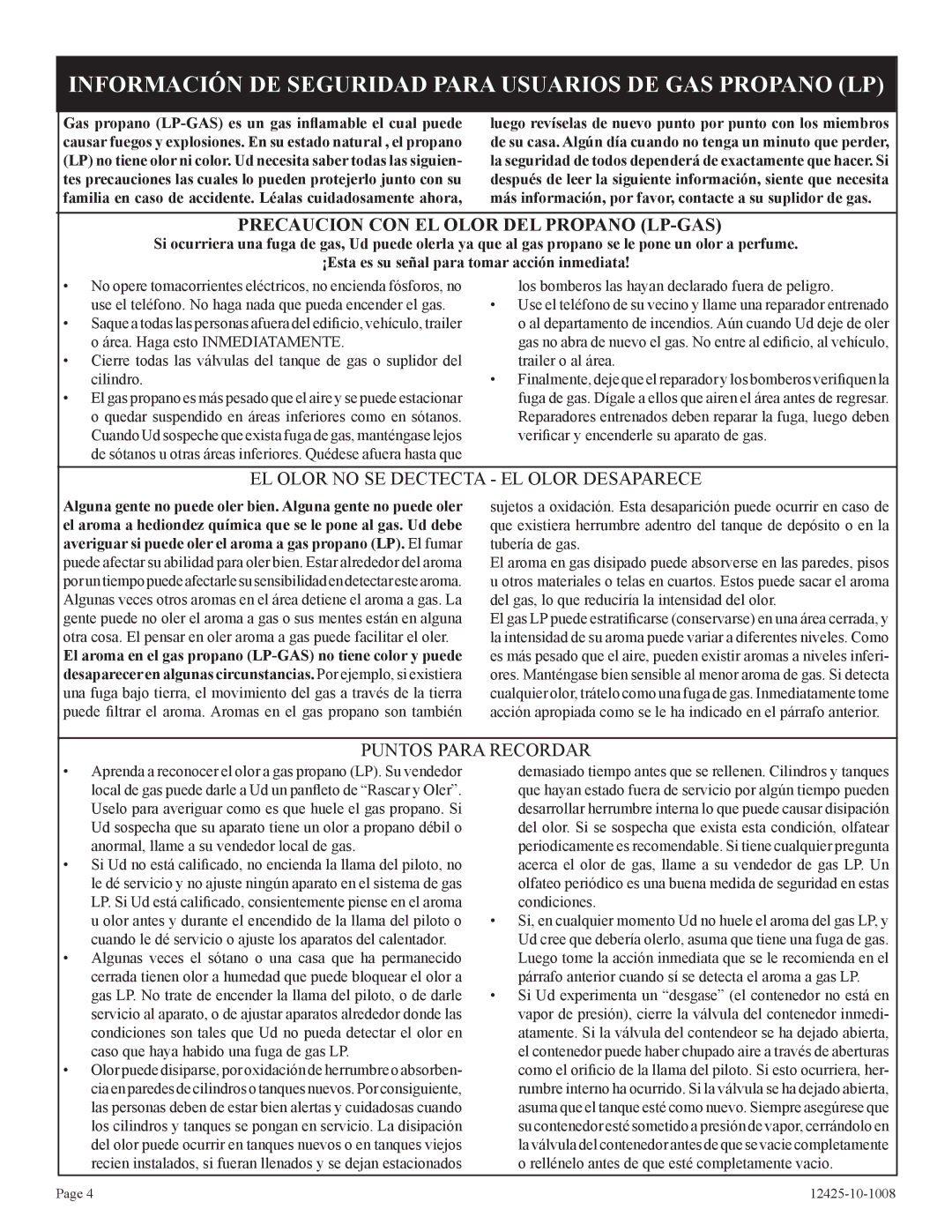 Empire Products GWT-25-2(SG, GWT-35-2(SG installation instructions Información DE Seguridad Para Usuarios DE GAS Propano LP 