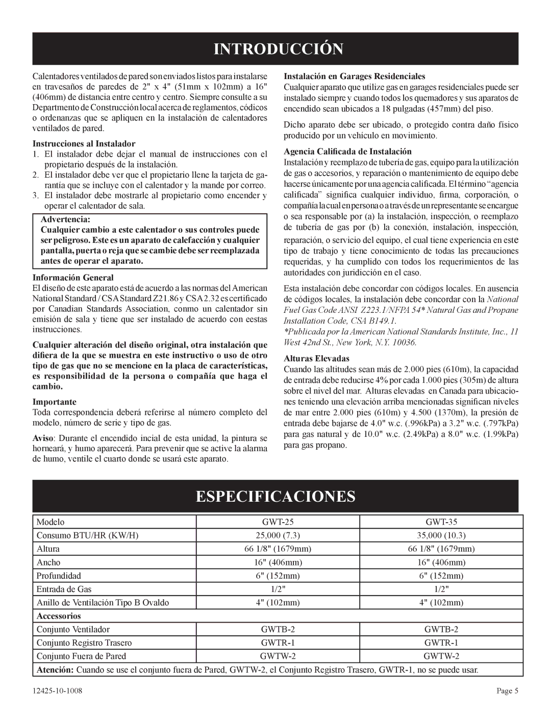 Empire Products GWT-35-2(SG, GWT-25-2(SG installation instructions Introducción, Especificaciones 