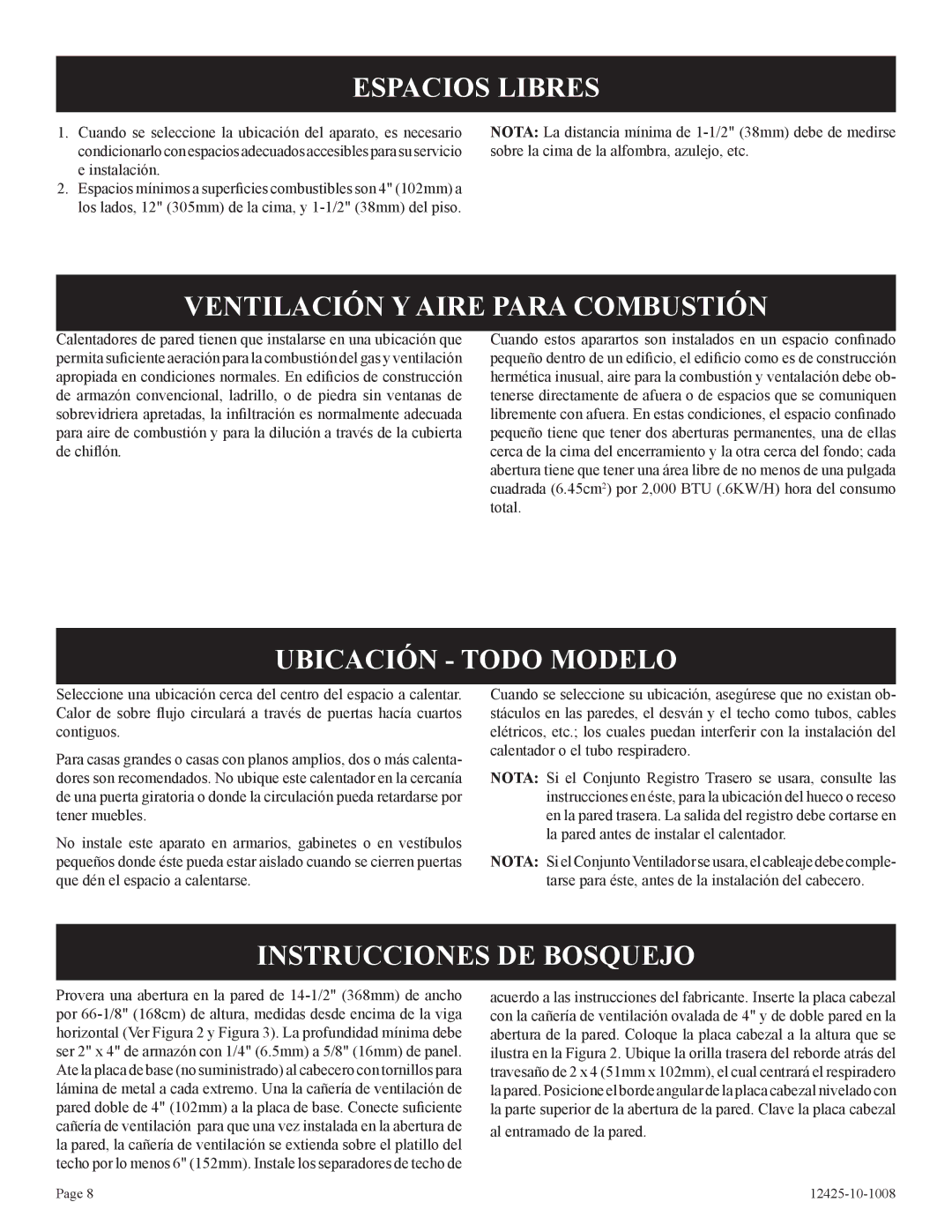 Empire Products GWT-25-2(SG, GWT-35-2(SG Espacios Libres, Ventilación Y Aire Para Combustión, Ubicación Todo Modelo 