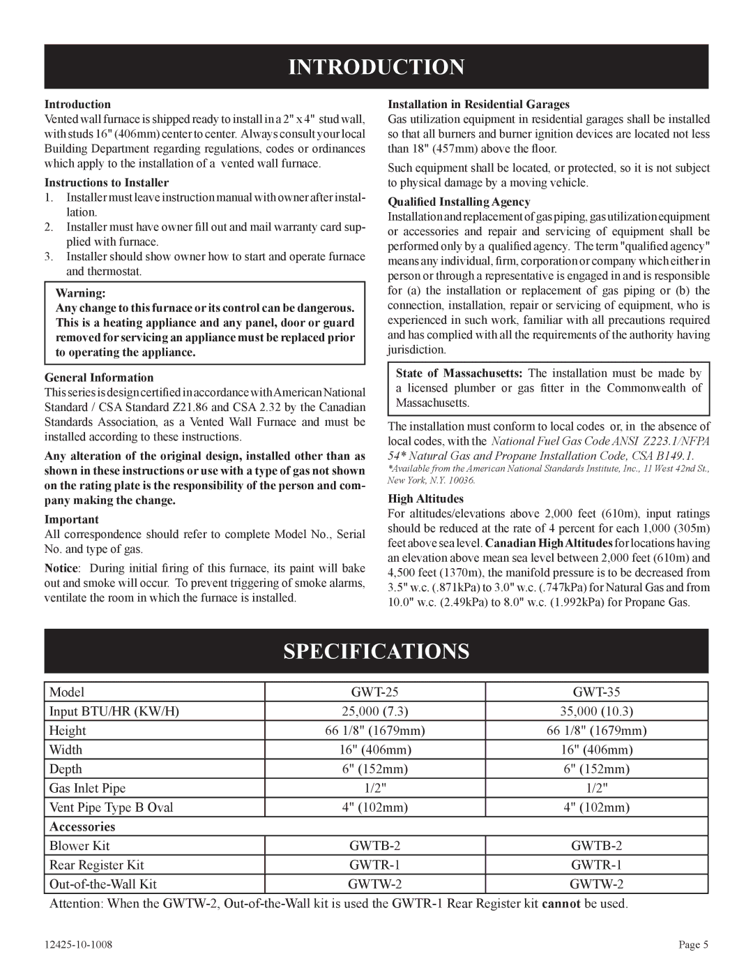 Empire Products GWT-35-2(SG, GWT-25-2(SG installation instructions Introduction, Specifications 