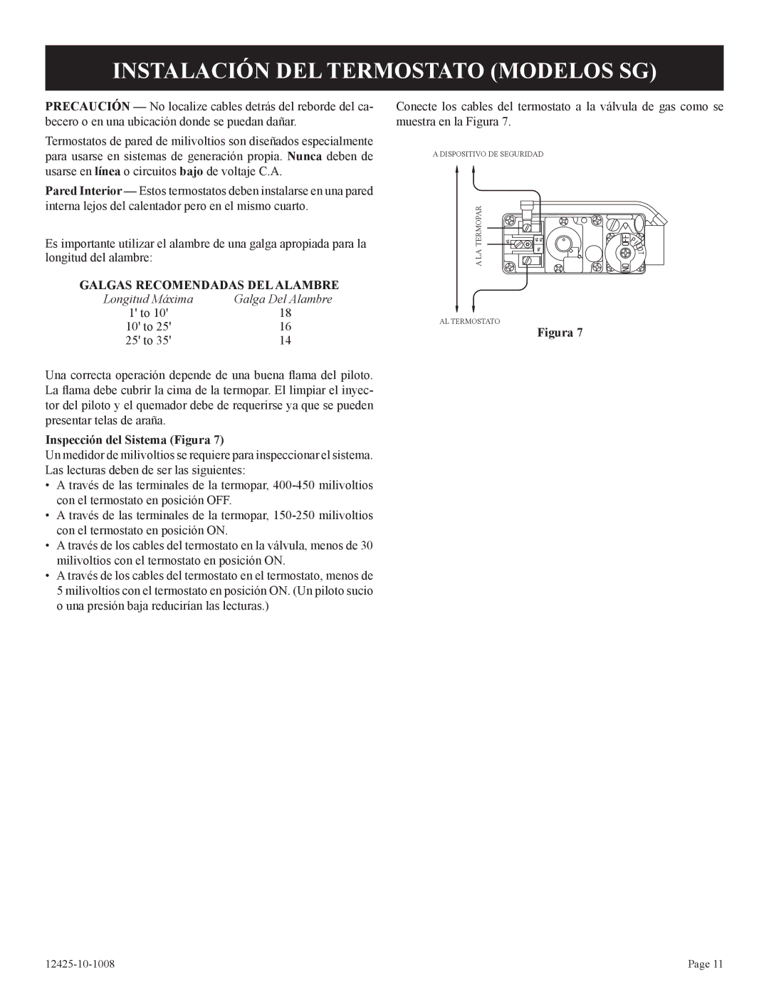 Empire Products GWT-35-2(SG, GWT-25-2(SG Instalación DEL Termostato Modelos SG, Galgas Recomendadas DEL Alambre 