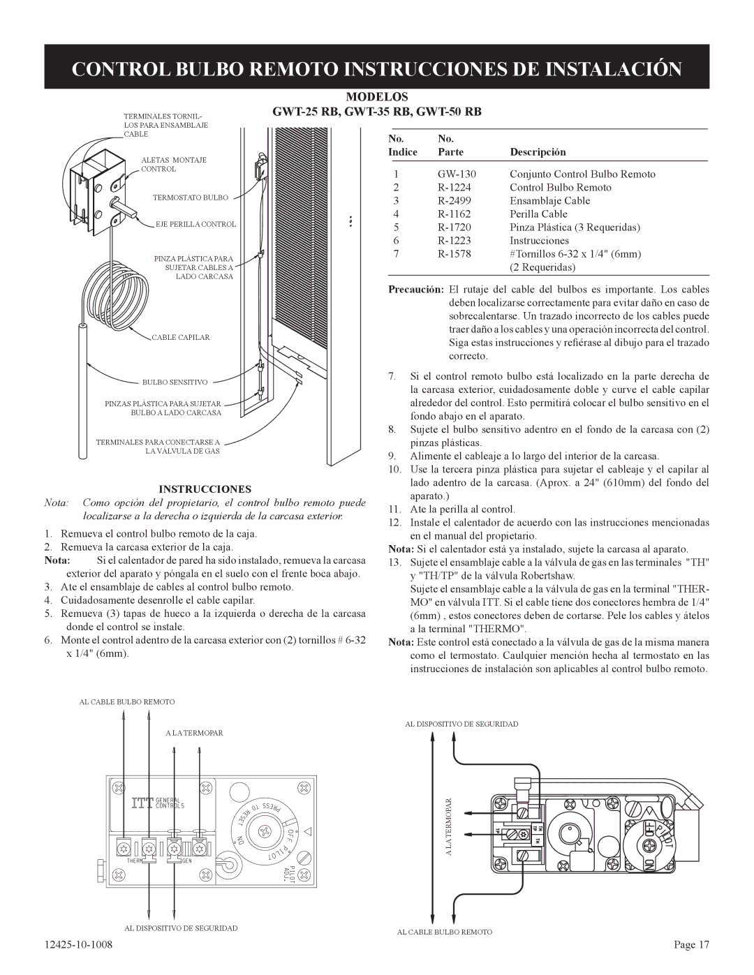 Empire Products GWT-35-2(SG, GWT-25-2(SG installation instructions Modelos, Indice Parte Descripción, Instrucciones 