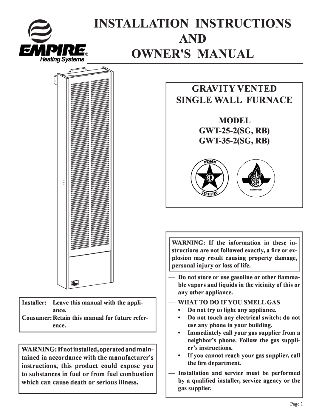 Empire Products GWT-35-2(SG, GWT-25-2(SG installation instructions Gravity Vented Single Wall Furnace 
