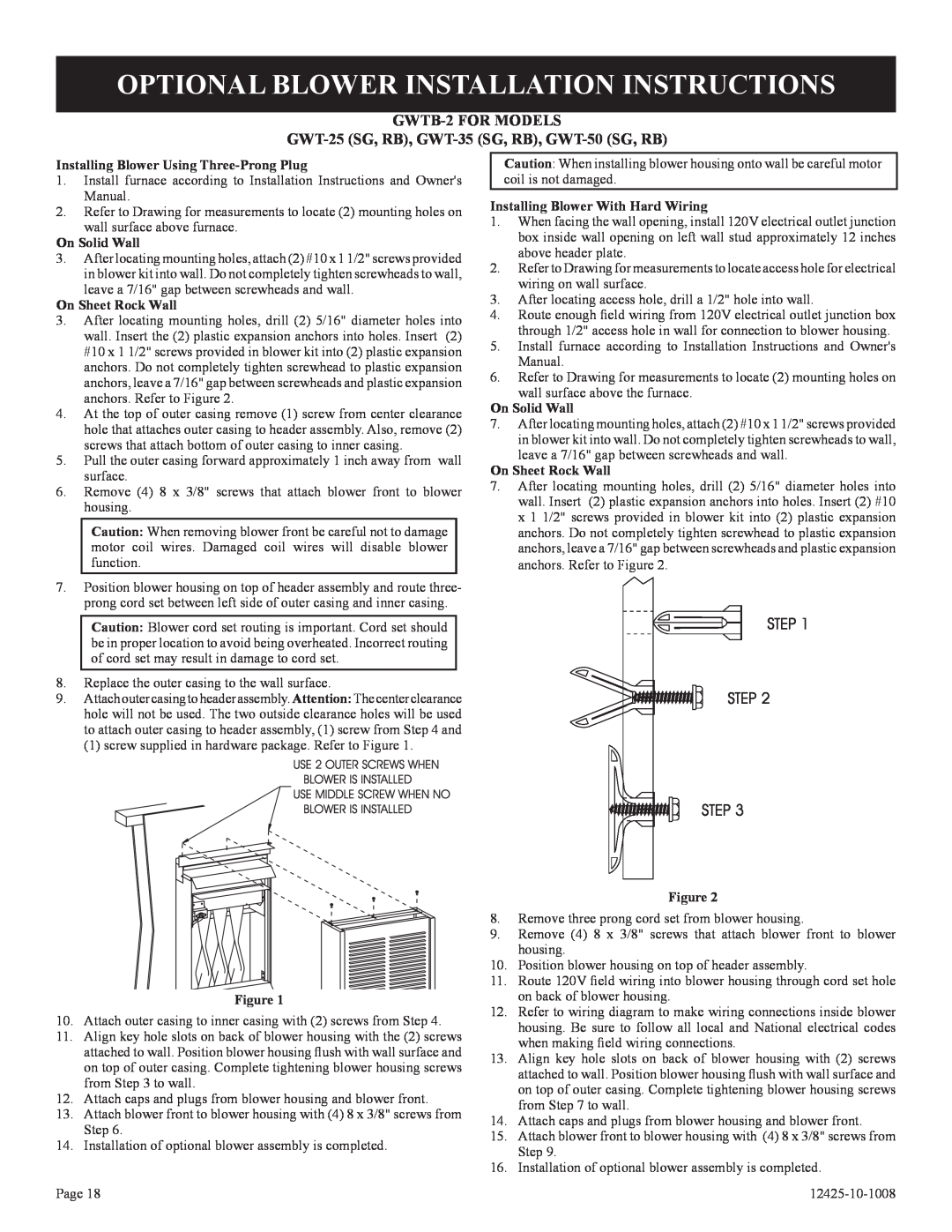 Empire Products GWT-25-2(SG Optional Blower Installation Instructions, Installing Blower Using Three-ProngPlug 
