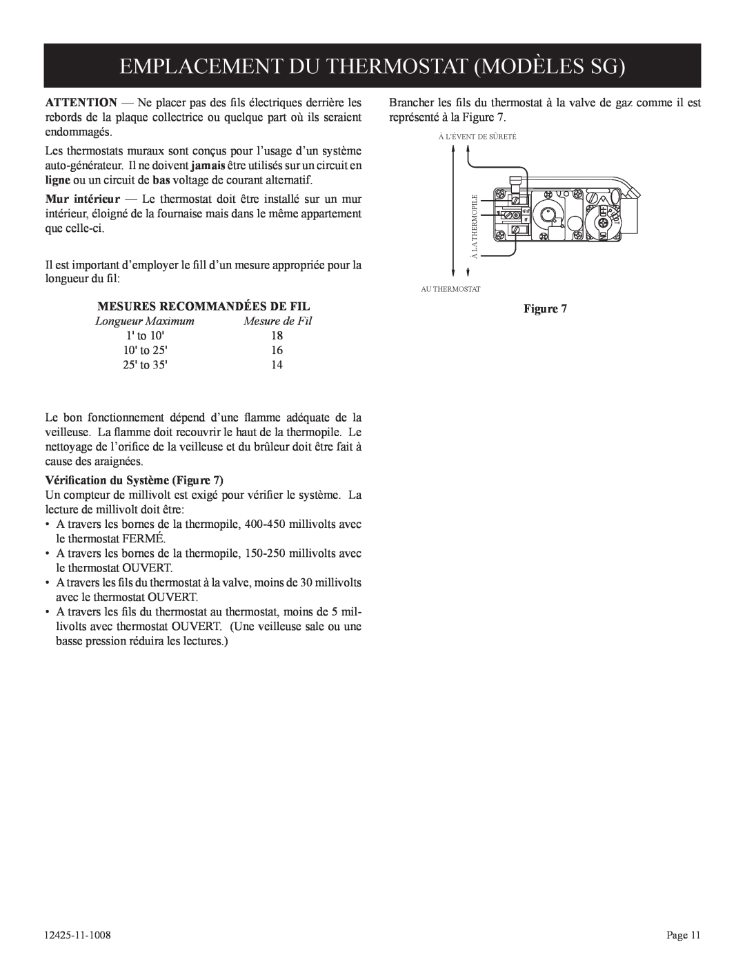 Empire Products GWT-35-2(SG Emplacement Du Thermostat Modèles Sg, Mesures Recommandées De Fil, Mesure de Fil, 1 to, 10 to 