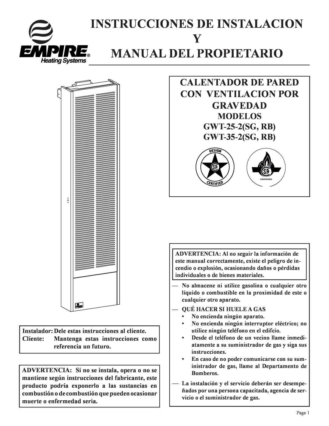 Empire Products GWT-35-2(SG Calentador De Pared Con Ventilacion Por Gravedad, MODELOS GWT-25-2SG,RB GWT-35-2SG,RB 