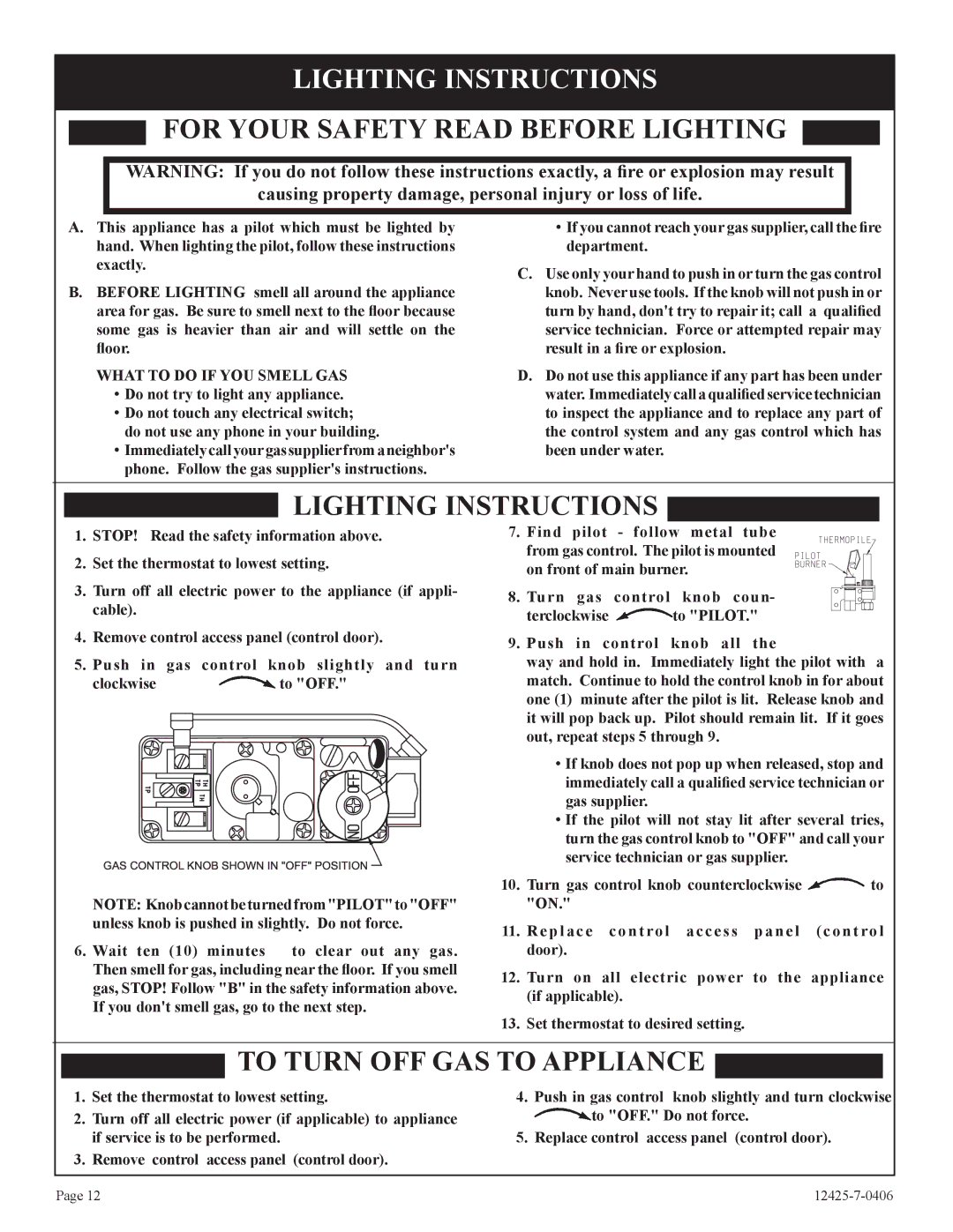 Empire Products GWT-35-2, RB) Lighting Instructions, What to do if YOU Smell GAS, Service technician or gas supplier 