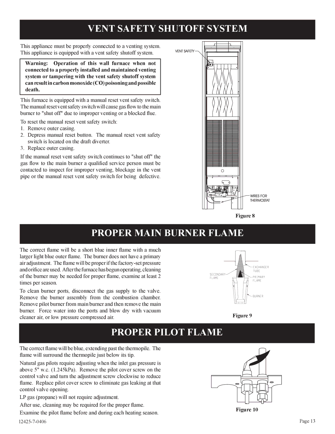 Empire Products RB), GWT-35-2, GWT-25-2 Vent Safety Shutoff System, Proper Main Burner Flame, Proper Pilot Flame 