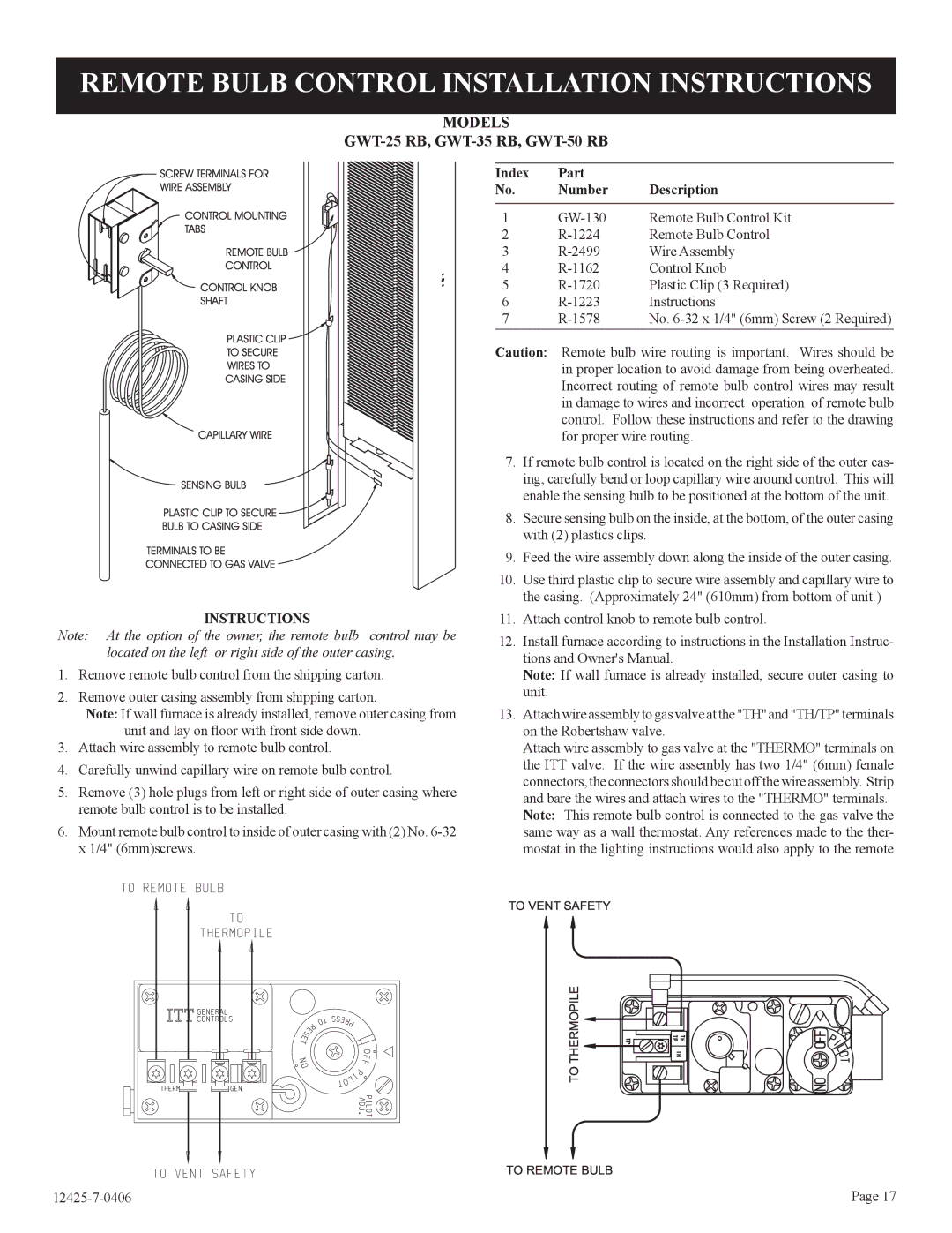 Empire Products GWT-25-2, GWT-35-2 Remote Bulb Control Installation Instructions, Models, GWT-25 RB, GWT-35 RB, GWT-50 RB 