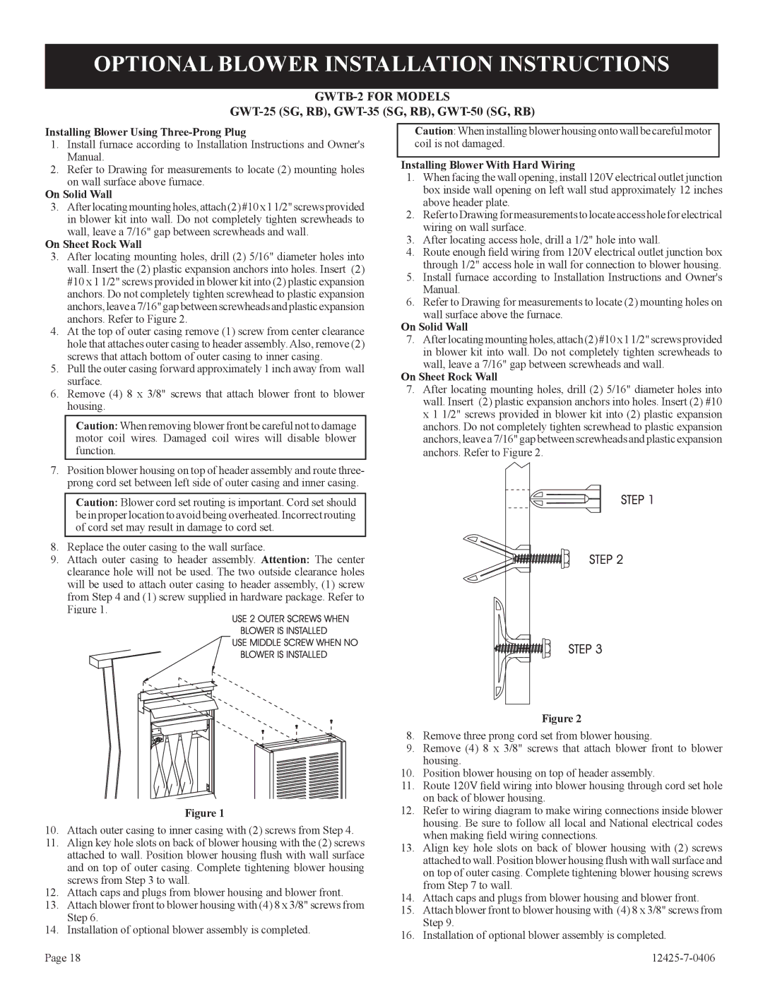 Empire Products GWT-35-2, RB), GWT-25-2 Optional Blower Installation Instructions, GWTB-2 for Models 