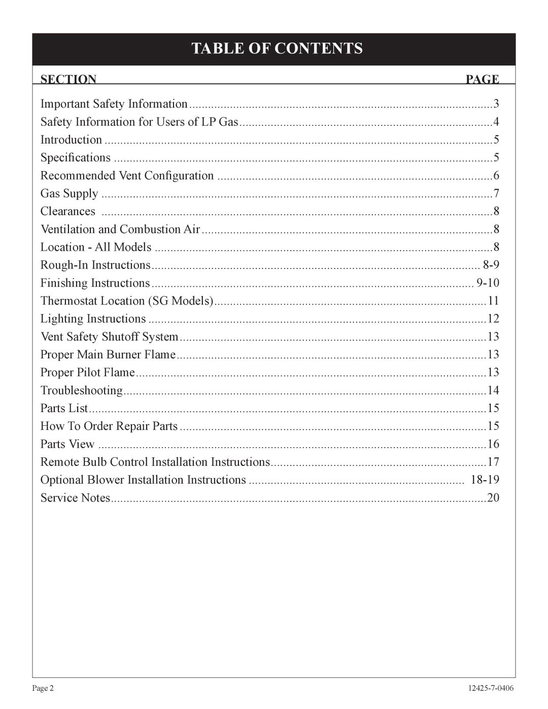 Empire Products GWT-25-2, GWT-35-2, RB) installation instructions Table of Contents 