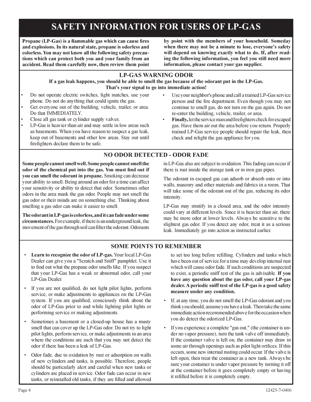 Empire Products RB), GWT-35-2, GWT-25-2 installation instructions Safety Information for Users of LP-GAS, LP-GAS Warning Odor 