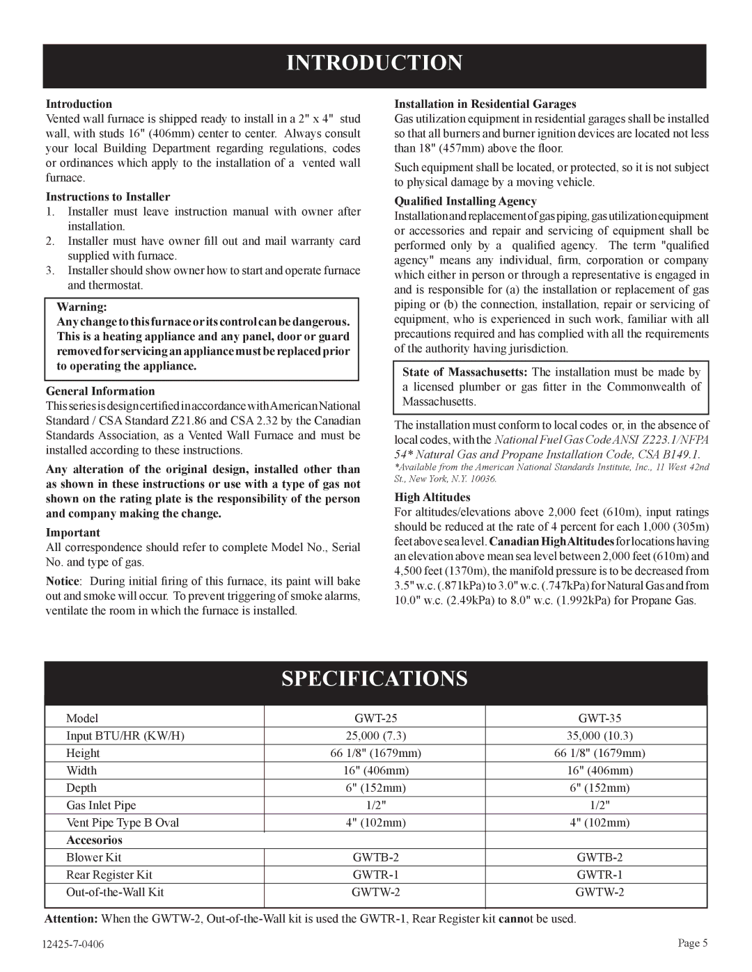 Empire Products GWT-25-2, GWT-35-2, RB) installation instructions Introduction, Specifications 