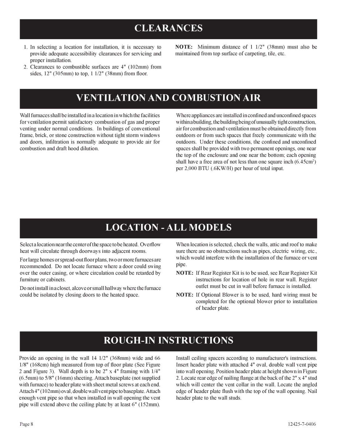 Empire Products GWT-25-2, GWT-35-2 Clearances, Ventilation and Combustion AIR, Location ALL Models, ROUGH-IN Instructions 