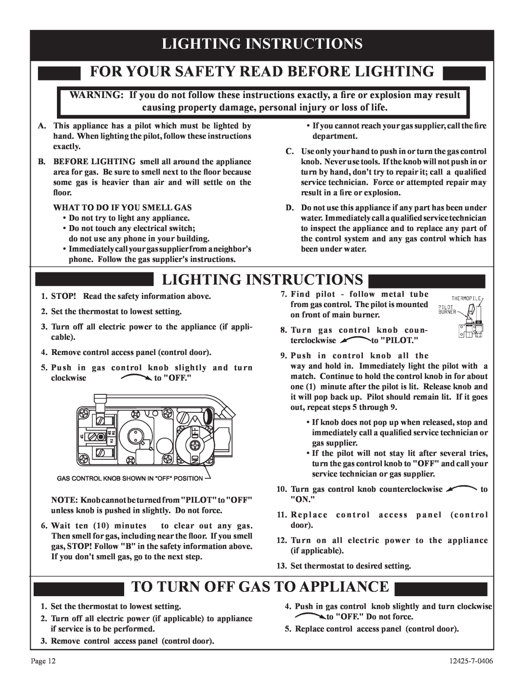Empire Products GWT-35-2, RB) Lighting Instructions, For Your Safety Read Before Lighting, To Turn Off Gas To Appliance 